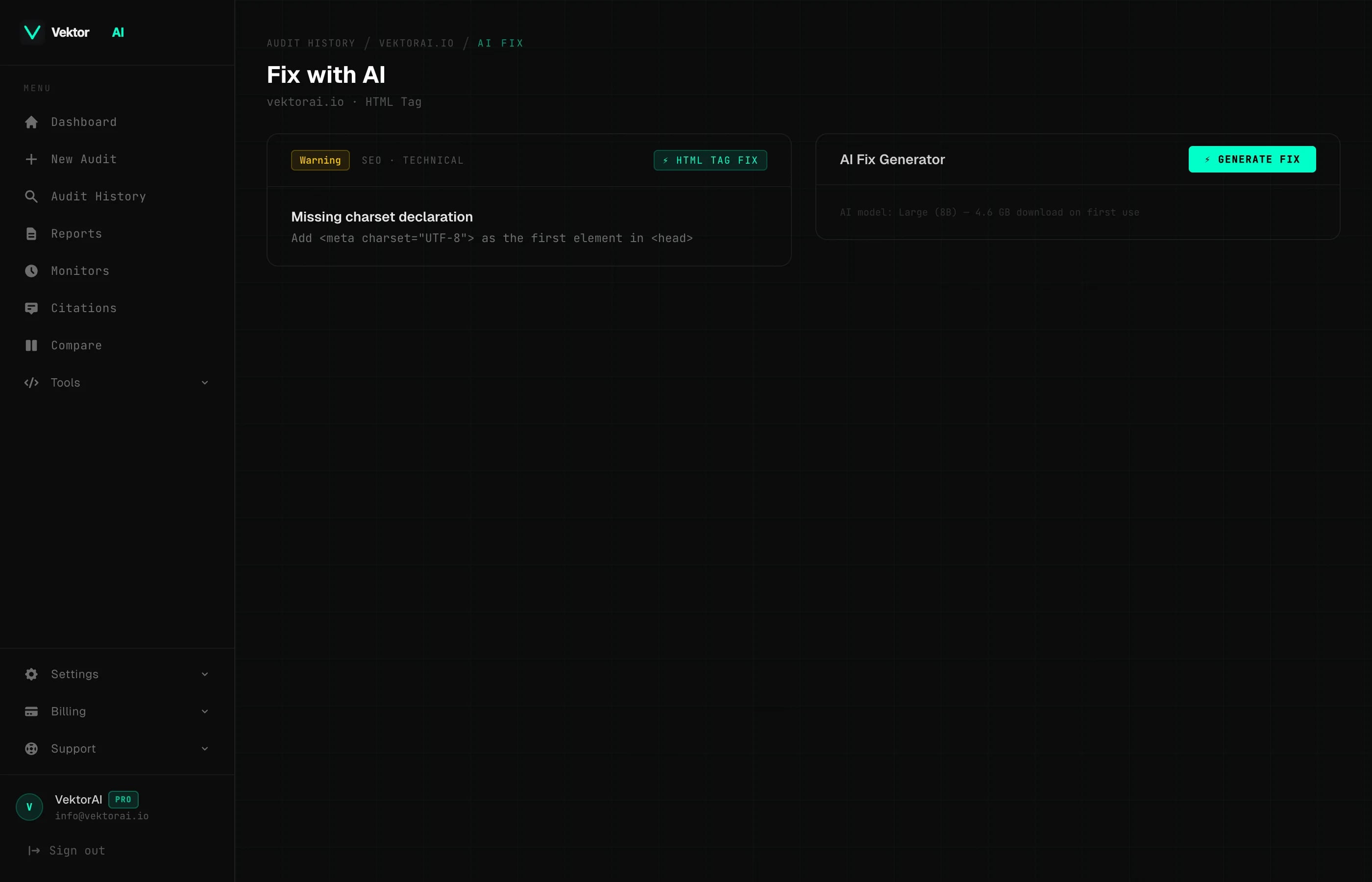 VektorAI AI Fix page showing issue details and the AI fix generator panel