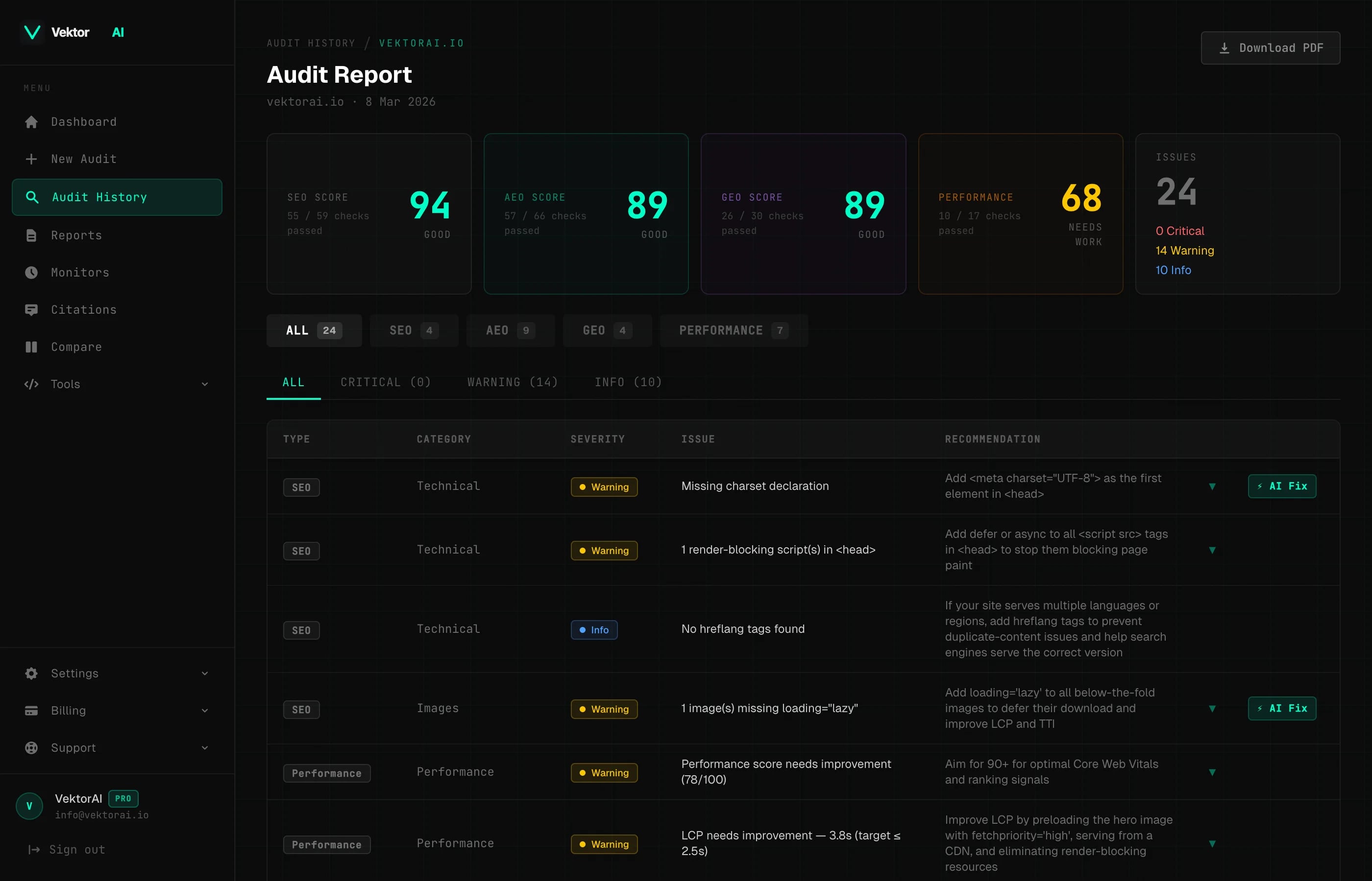 VektorAI audit report showing SEO, AEO, GEO, and Performance scores