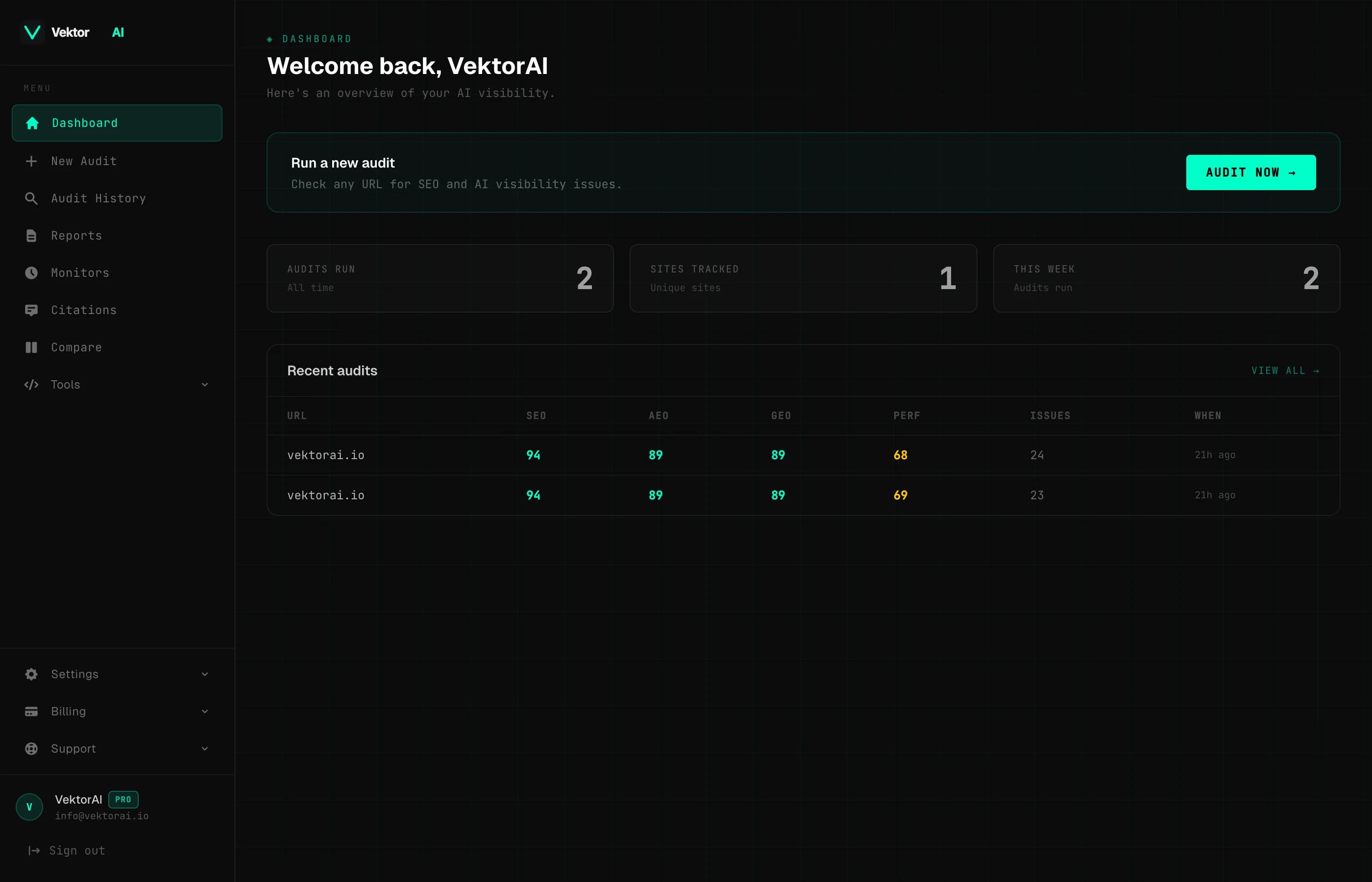 VektorAI dashboard showing audit statistics, sites tracked, and recent audit results